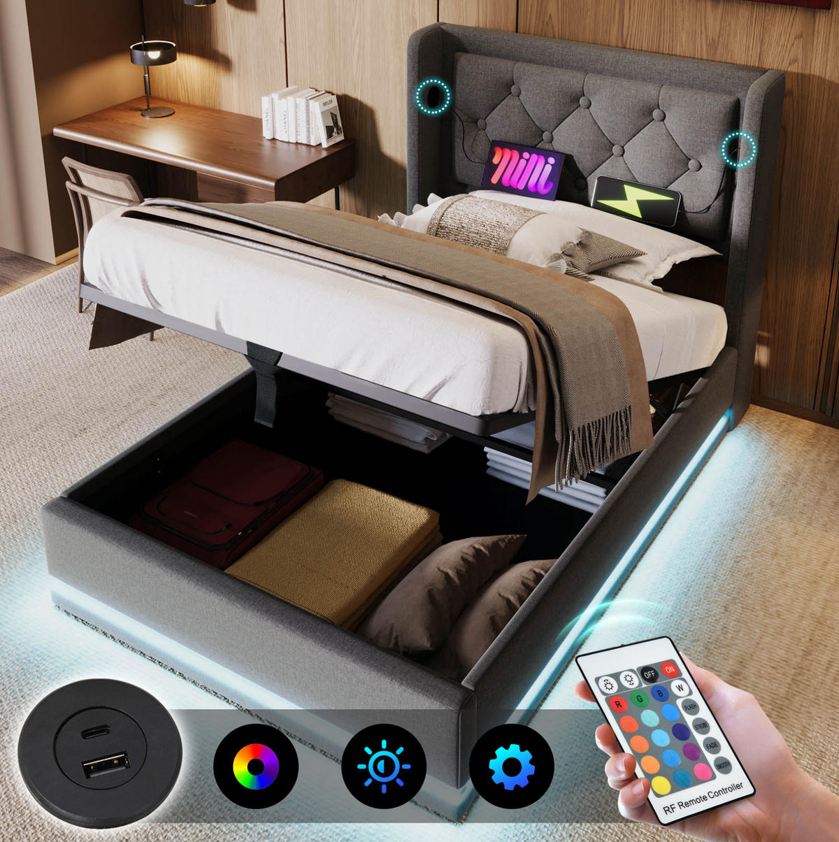 POLSTERBETT 90/200 cm Grau aus Baumwolle mit Stauraum und LED - Grau, Textil (90/200cm) - OKMYHOME