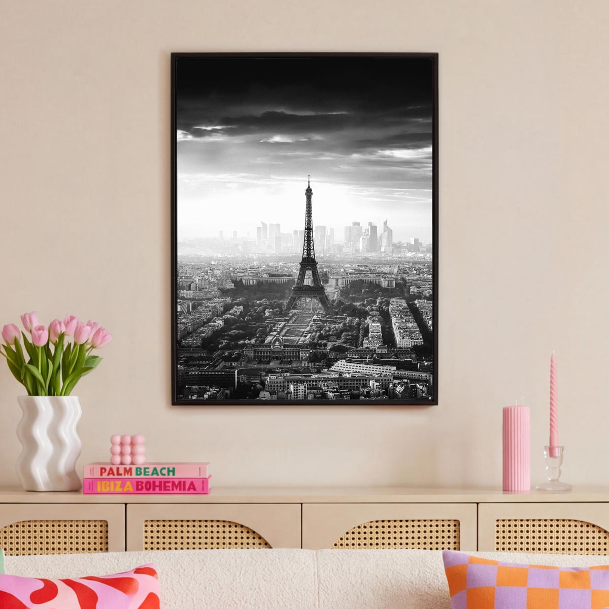 LEINWAND Bilder mit Rahmen - Paris - Skyline - Eiffelturm - Stadt - Wolken - 70x100 - Dunkelgrau, Textil (70/100cm) - MuchoWow