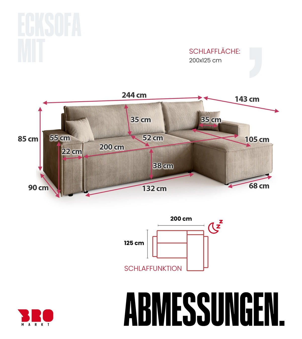 ECKSOFA ADI mit Schlaffunktion Beige Cord - Beige, Textil (244/143cm) - Bromarkt