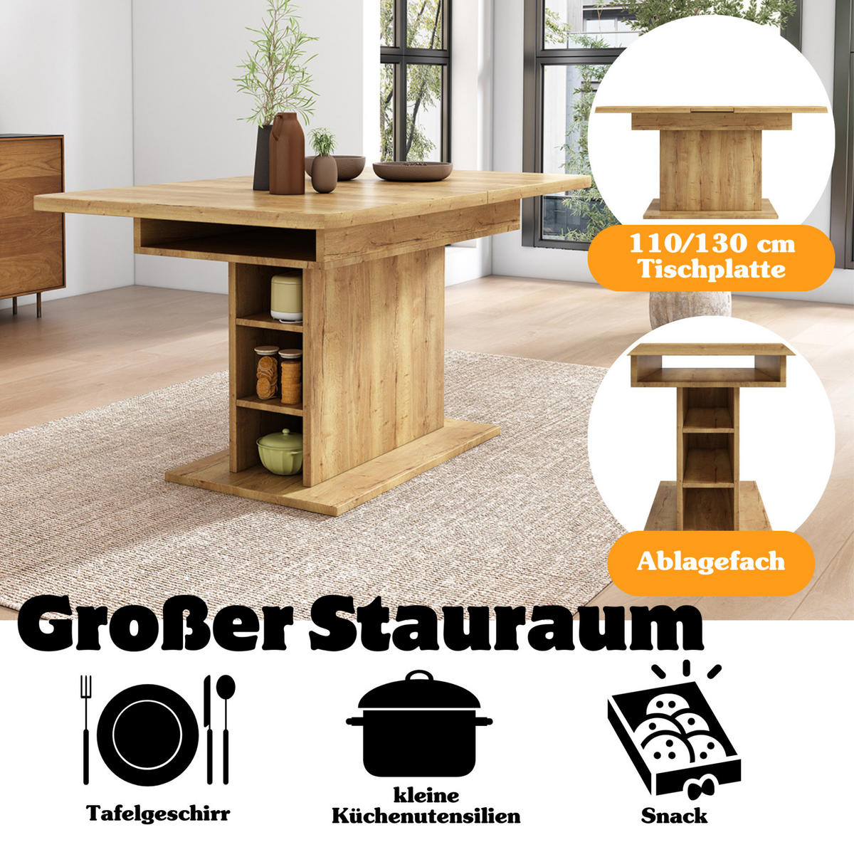 ESSTISCH aus Spanplatte und Metall 110/130x70x75 cm Natur ausziehbar mit Stauraum und platzsparendem Design - Naturfarben, Holzwerkstoff (130/70/75cm) - Modfu