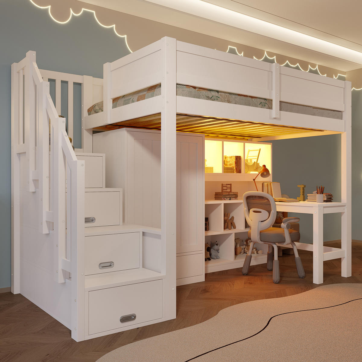 HOCHBETT 90/200 cm in Weiß mit Schreibtisch, Regal und LED - Weiß, Holz/Holzwerkstoff (90/200cm) - WISHDOR