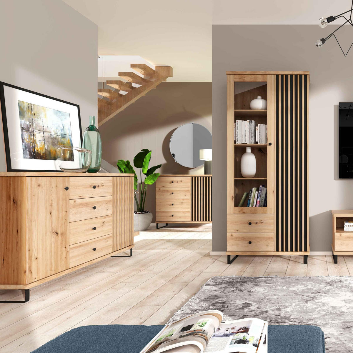 KOMMODE ALMERIA 142,1/85,4/40,6cm mit 4 Schubladen 1 Türen Eiche Artisan - Eiche Artisan, Holzwerkstoff (142.1/85.4/40.6cm) - MASSENO