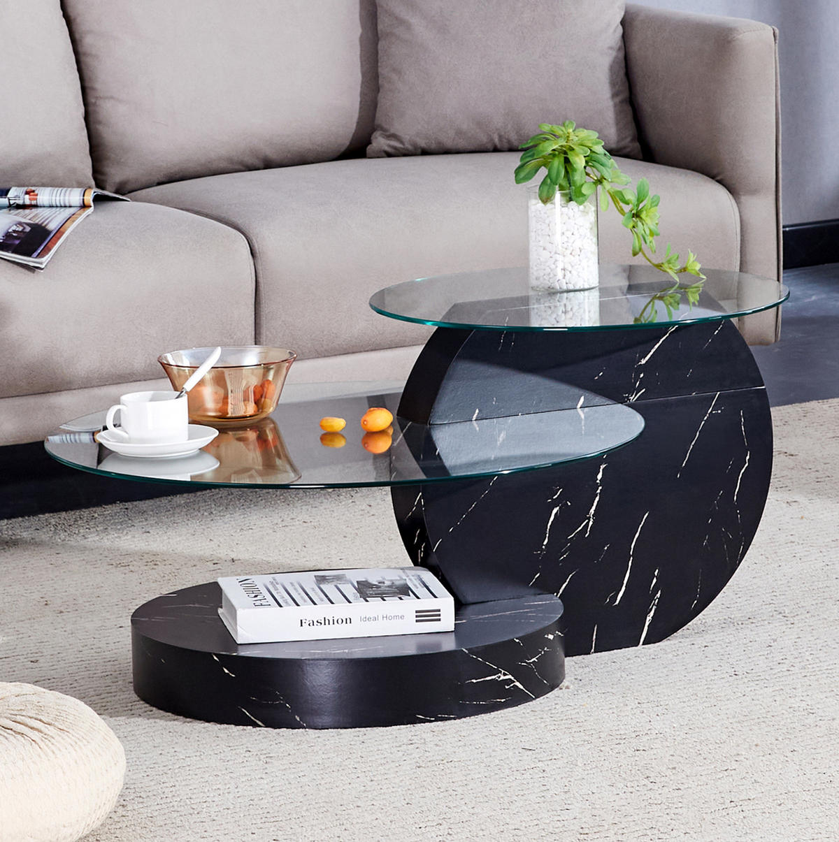 COUCHTISCH 90/70/43 cm mit mehrstufigen Ablagen und gehärtetem Glas, Schwarz/Transparent - Transparent, Holzwerkstoff (89.9/69.9/43.2cm) - Redom