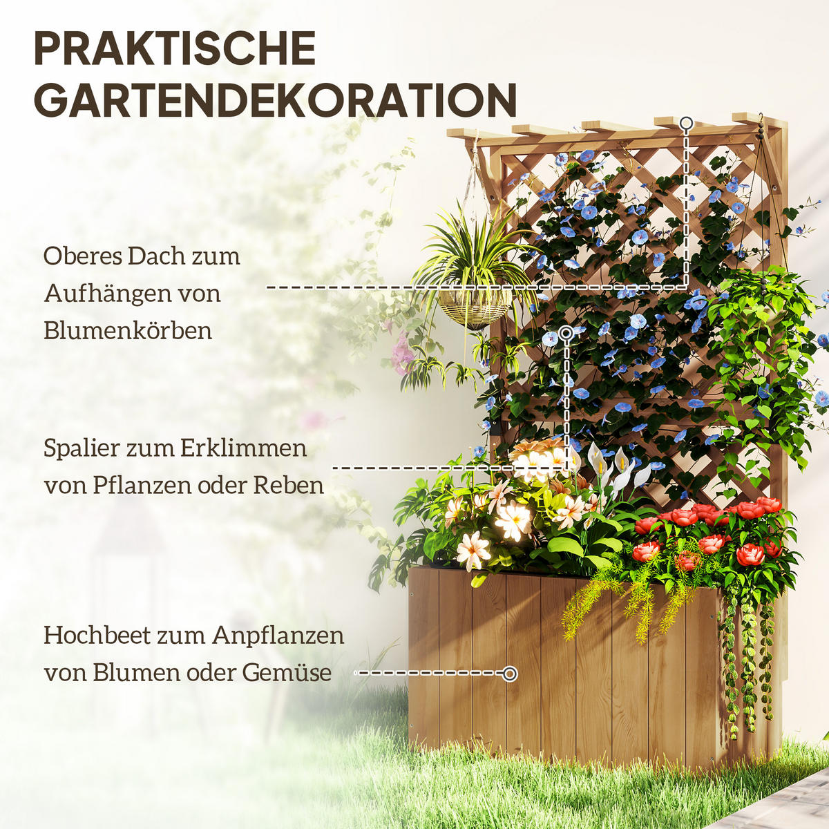 HOCHBEET DE-05274 Mit Rankgitter & Spalier, Holz Natur - Naturfarben, Holz (64/122/33cm) - ComfortXL