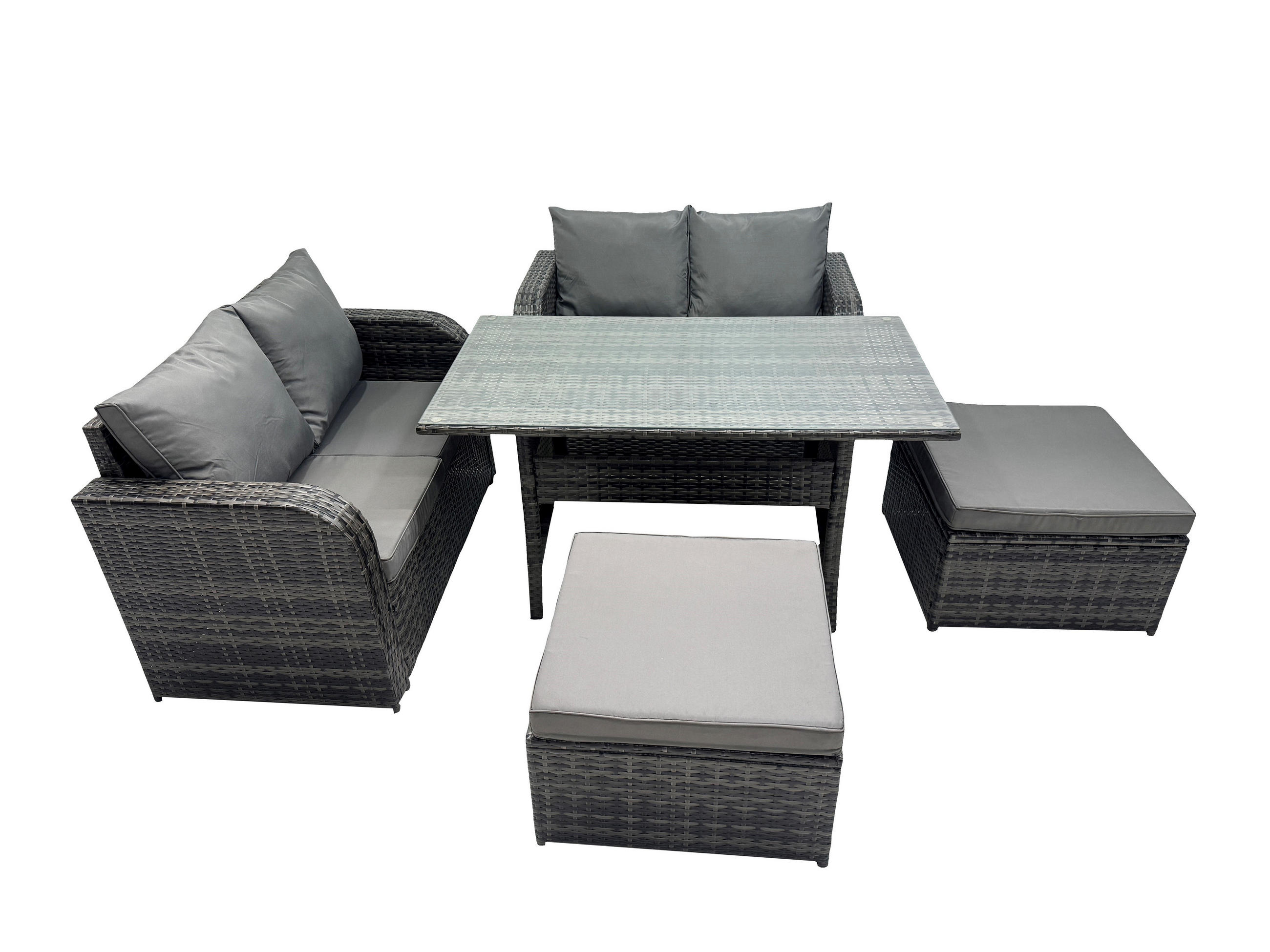 GARTENSET mit Zweisitzer,2 Hockern,Esstisch Polyrattan 6-Sitzer - Dunkelgrau/Grau, Glas/Kunststoff - Fimous