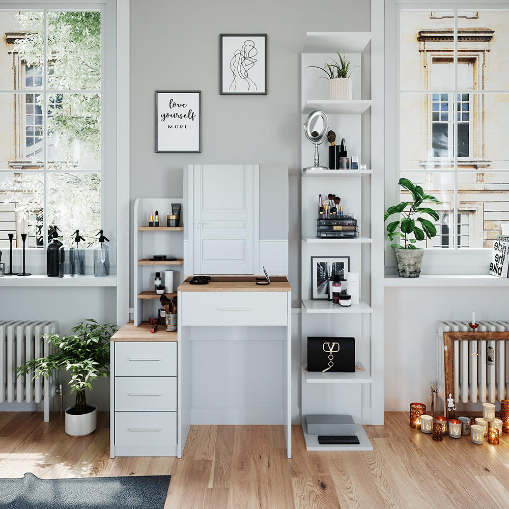 SCHMINKTISCH Conrada Weiß/Sonoma 80 cm - Weiß/Sonoma Eiche, Holzwerkstoff (80/131.6/36cm) - Vicco