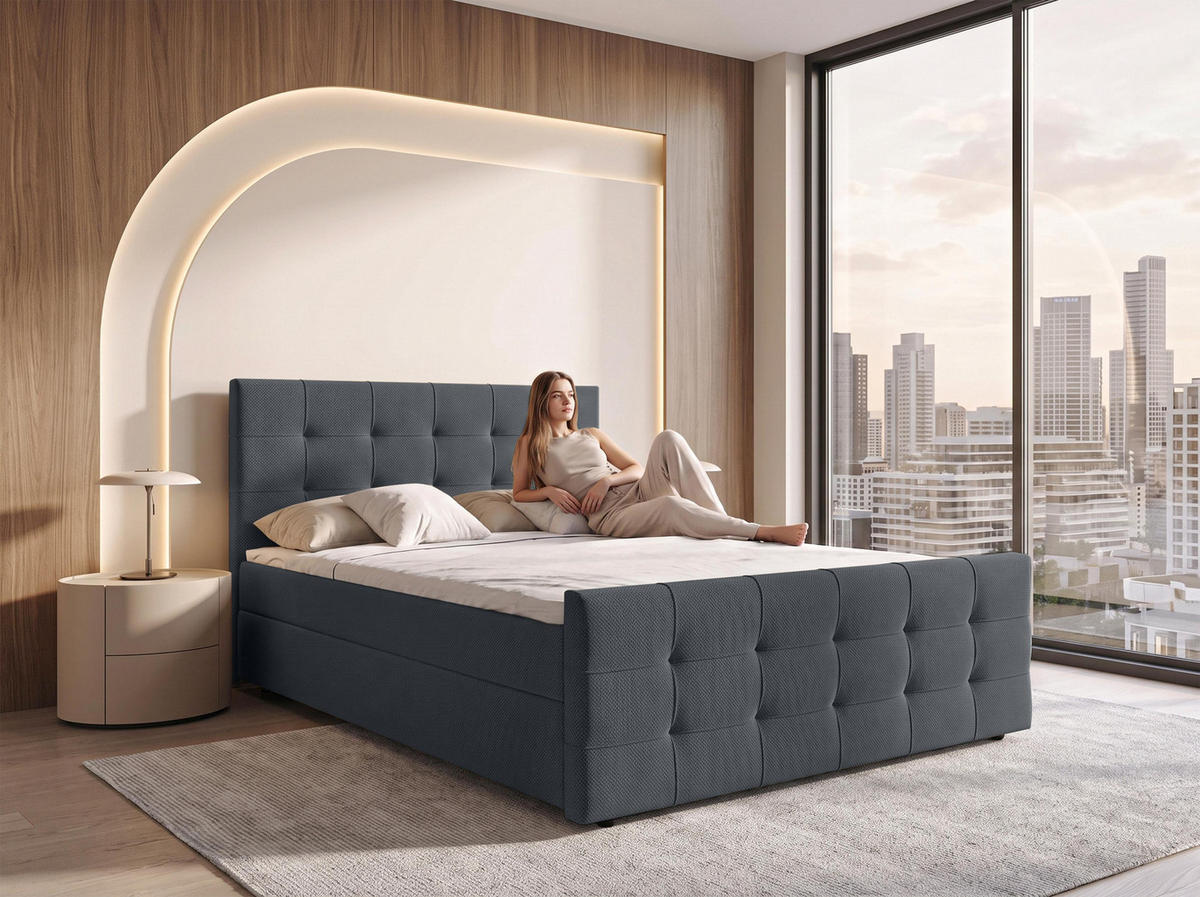 BOXBETT DEFNE 180x200 cm mit Fußteil und Matratze - Dunkelgrau + TOPPER - Dunkelgrau/Schwarz, Holz/Holzwerkstoff (180/200cm) - AX Living