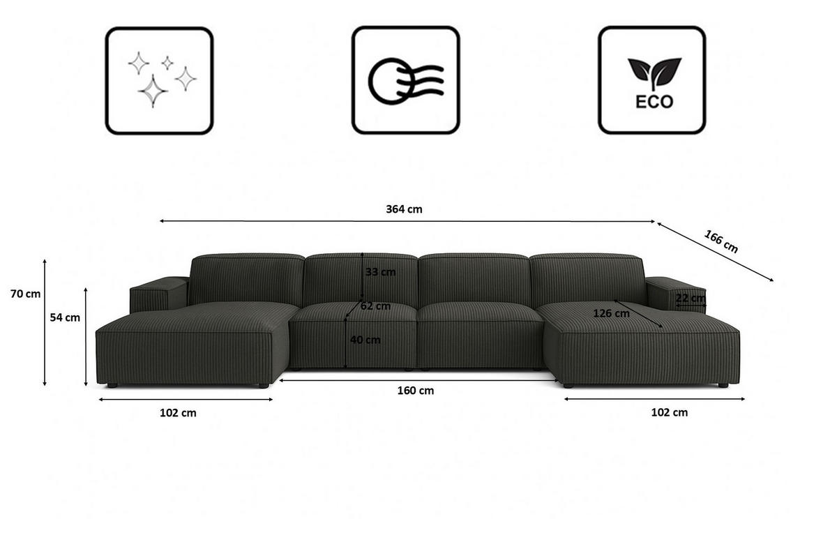 ECKSOFA Cursal U-Form, Stoff Poso, Grau - Grau, Holz (364/166cm) - Kaiser Möbel