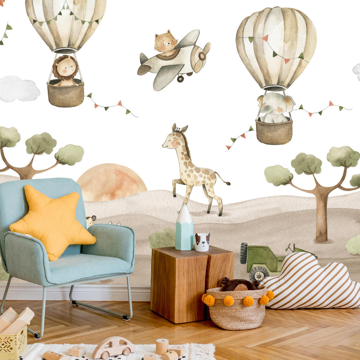 FOTOTAPETE für Kinderzimmer Tiere Ballons Flugzeuge Safari Bäume Hügel 500x350 - Beige/Braun, Papier (500/350cm) - Muralo