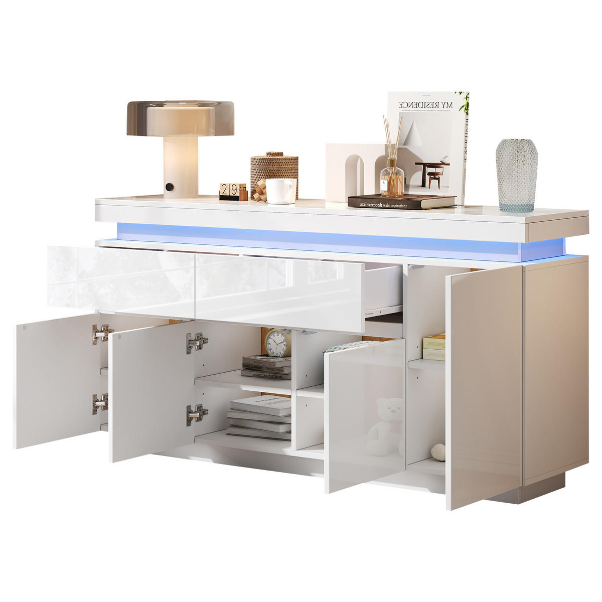 SIDEBOARD DE-37813 mit LED-Beleuchtung und 4 Türen Weiß - Weiß, Holzwerkstoff (140/72.5/35cm) - ComfortXL