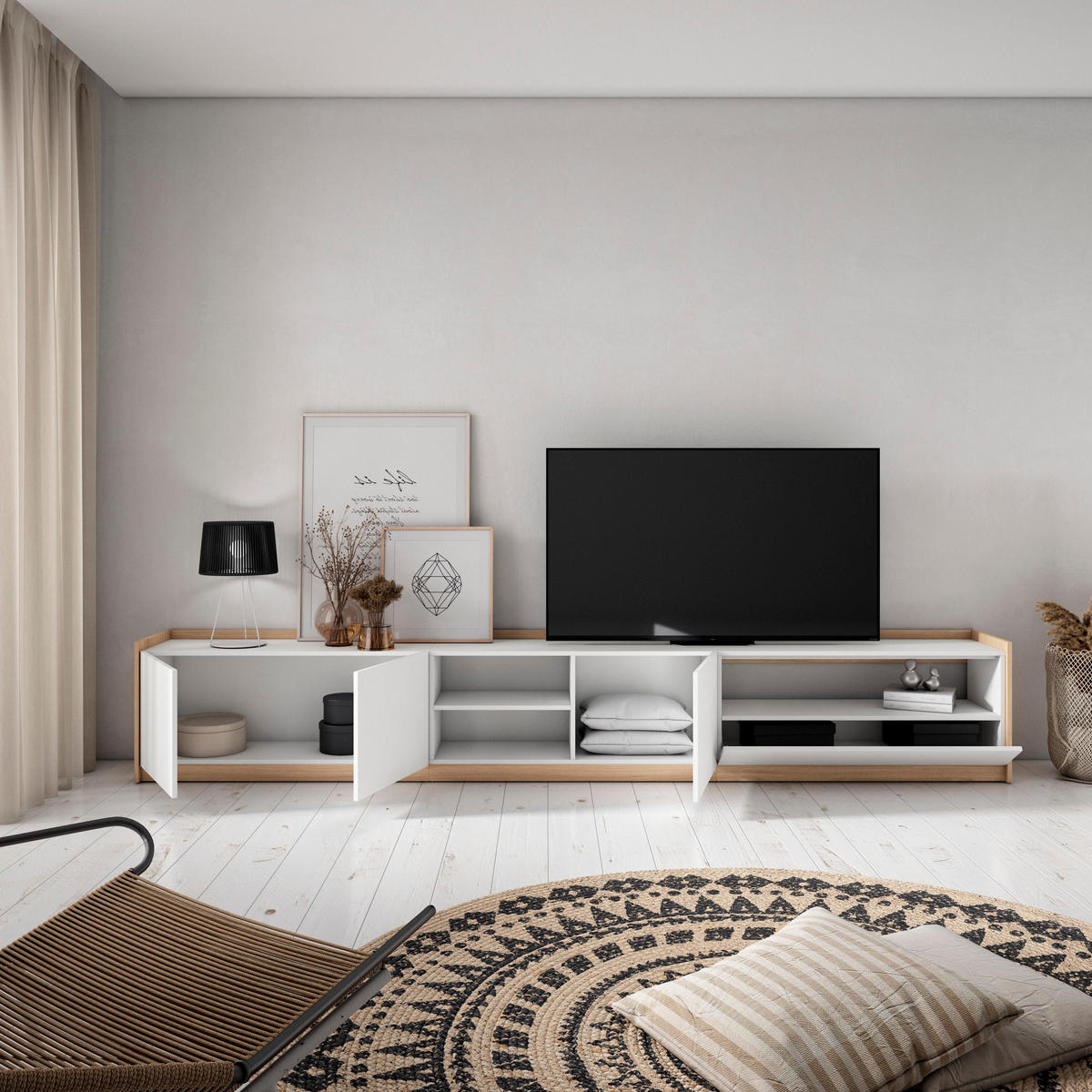 TV-SCHRANK, Lowboard, Weiß und Eiche Soft, 310/37/50cm - Weiß, Holzwerkstoff (310/50/37cm) - Skraut Home