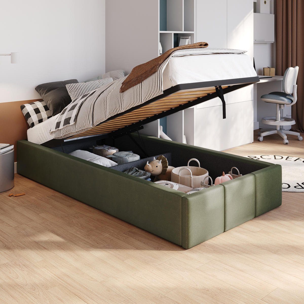 POLSTERBETT für Schlafzimmer Bett mit Stauraum Khaki 90x200cm - Olivgrün, Holzwerkstoff/Textil (90/200cm) - Muralo