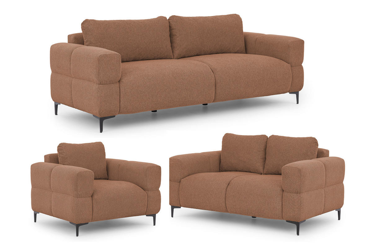 SITZGARNITUR 3+2+1 Cardea in Bubble-Optik aus weichem Terrakotta Strukturstoff mit hohem Sitzkomfort - Terracotta/Schwarz, Holz/Textil (217/80/97cm) - S-Style Möbel