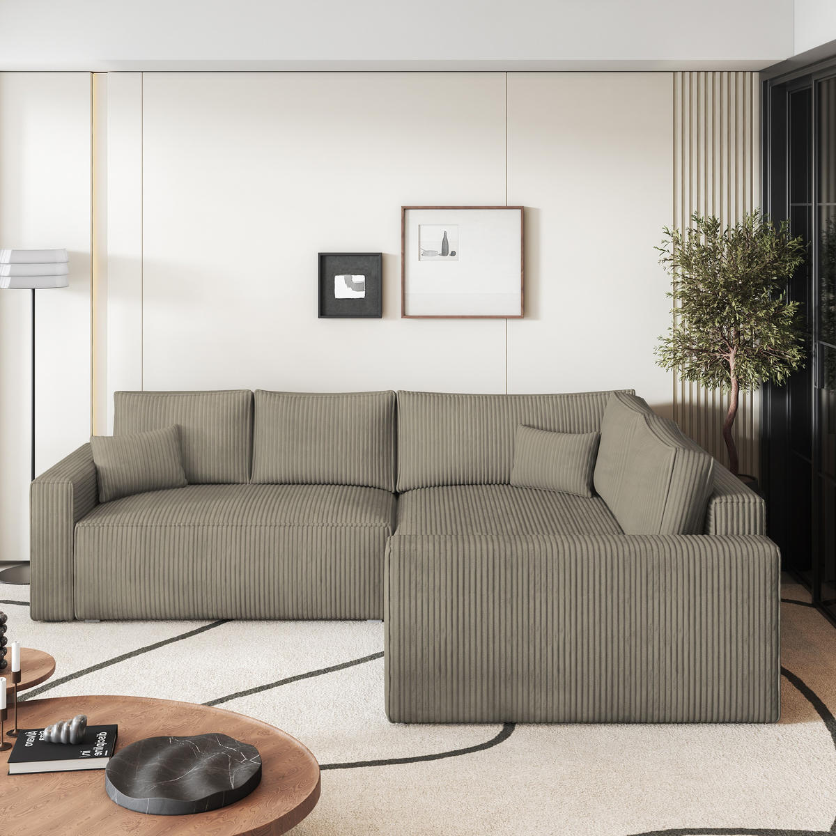 ECKSOFA ERONIS R-S Beige Kordstoff mit Schlaffunktion - Beige, Holz (265/194cm) - MASSENO