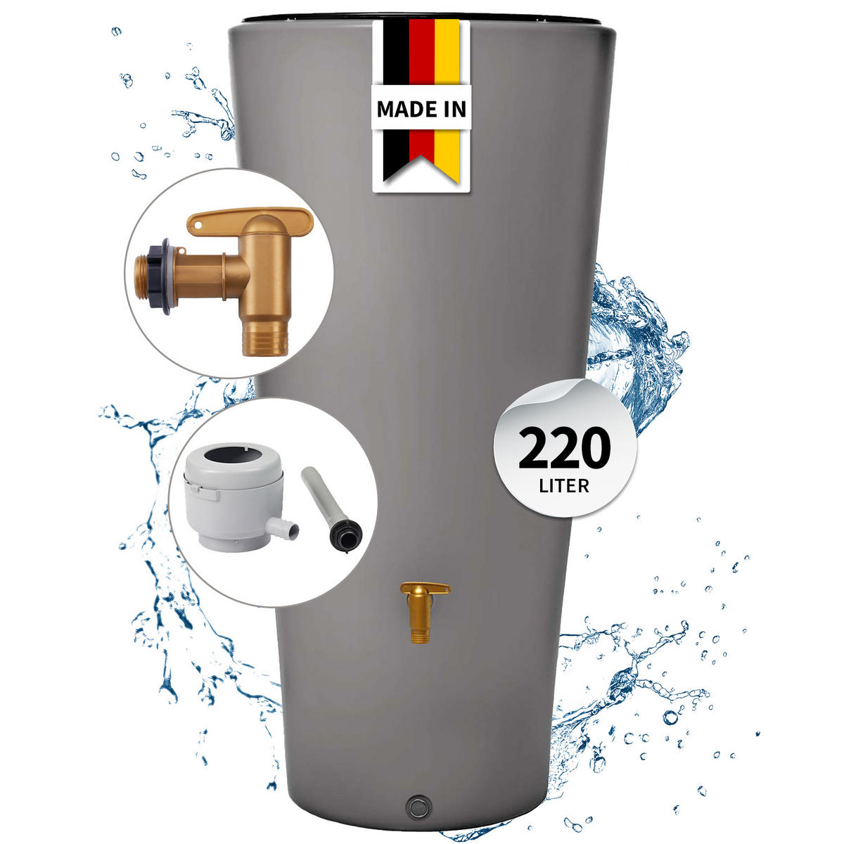2IN1 Regentonnen Komplett-Set 220 L zinkgrau inkl. Kunststoff-Auslaufhahn und Fallrohranschluss - Hellgrau, Kunststoff (58/120/58cm) - 4rain