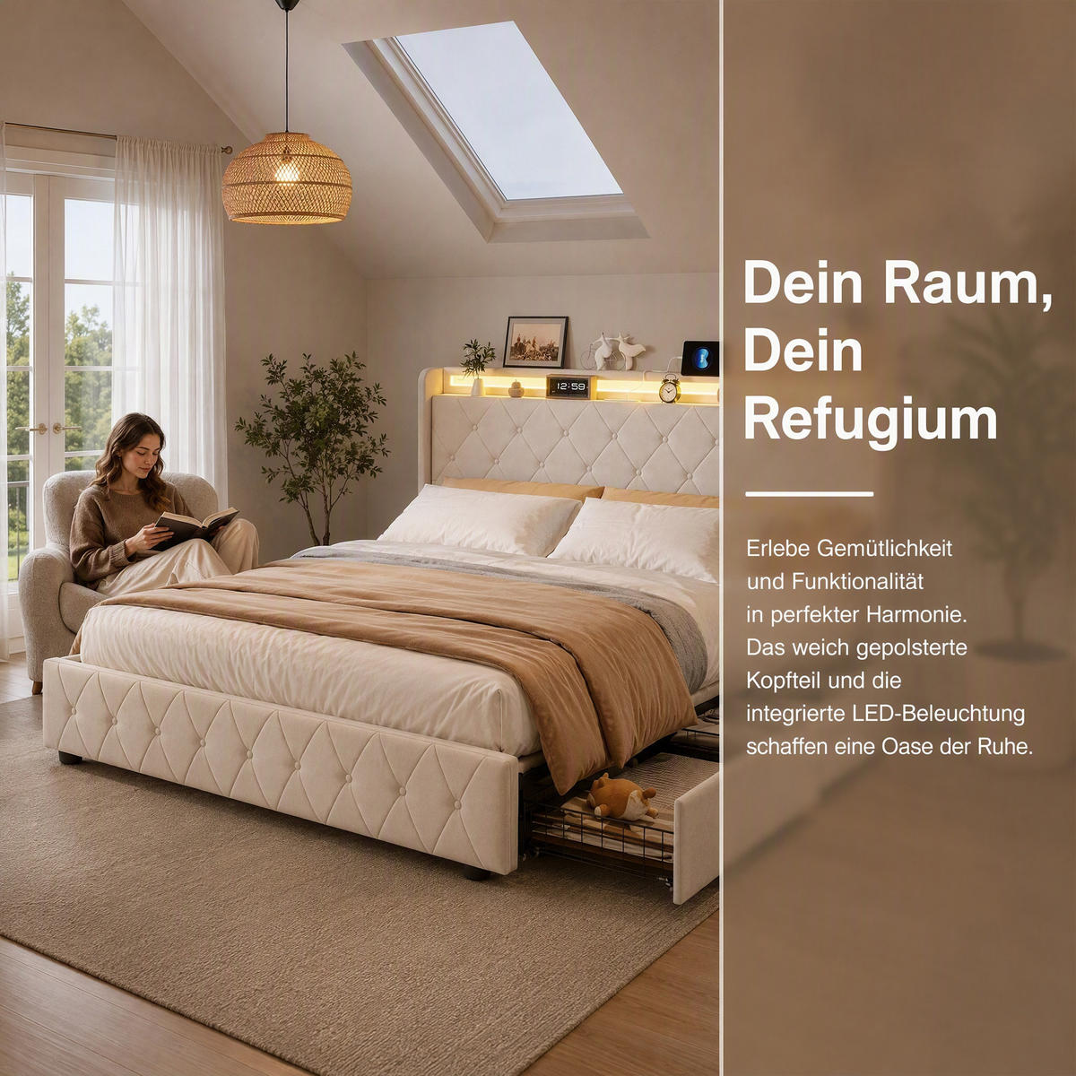 POLSTERBETT 160x200 cm, LED-Beleuchtung Doppelbett mit Ladefunktion und 4 Schubladen, Samt, beige - Beige, Holz/Holzwerkstoff (160/200cm) - GENKI LIVING