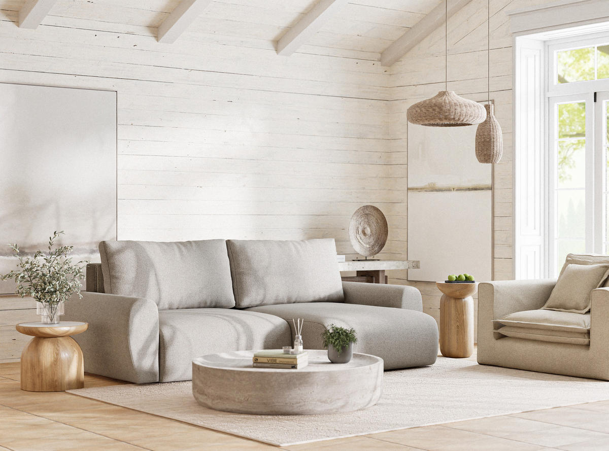 ECKSOFA MIT SCHLAFFUNKTION Numba Beige Webstoff - Beige/Schwarz, Holz/Holzwerkstoff (253/153cm) - Maison de Reve