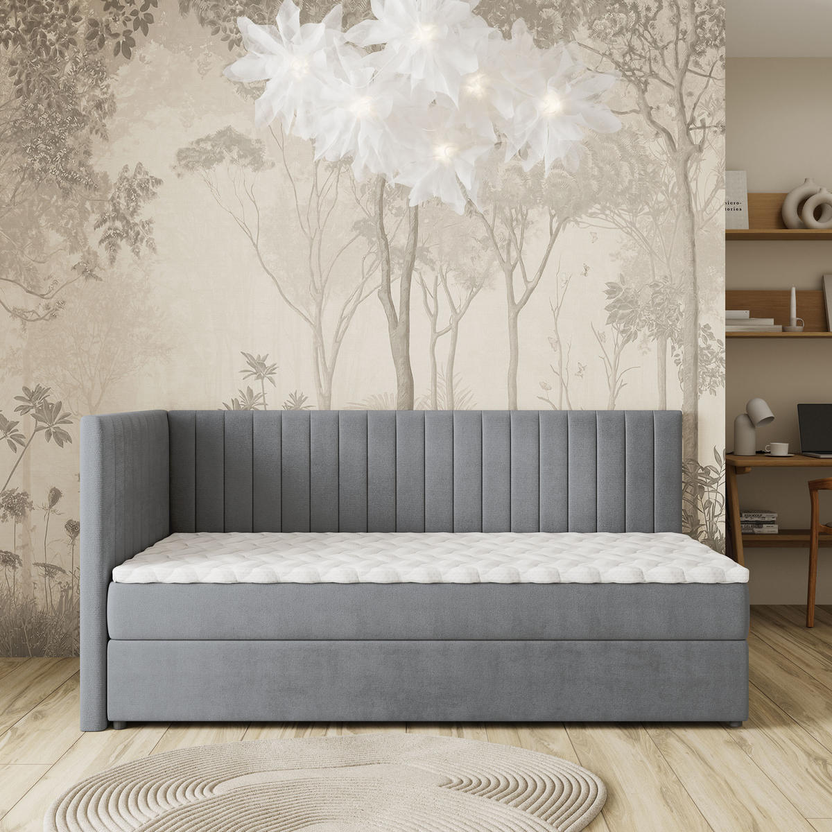 BOXBETT ARIS 80x200 cm mit Matratze und Topper, H2+H3 - Grau - Grau, Holz (80/200cm) - MASSENO