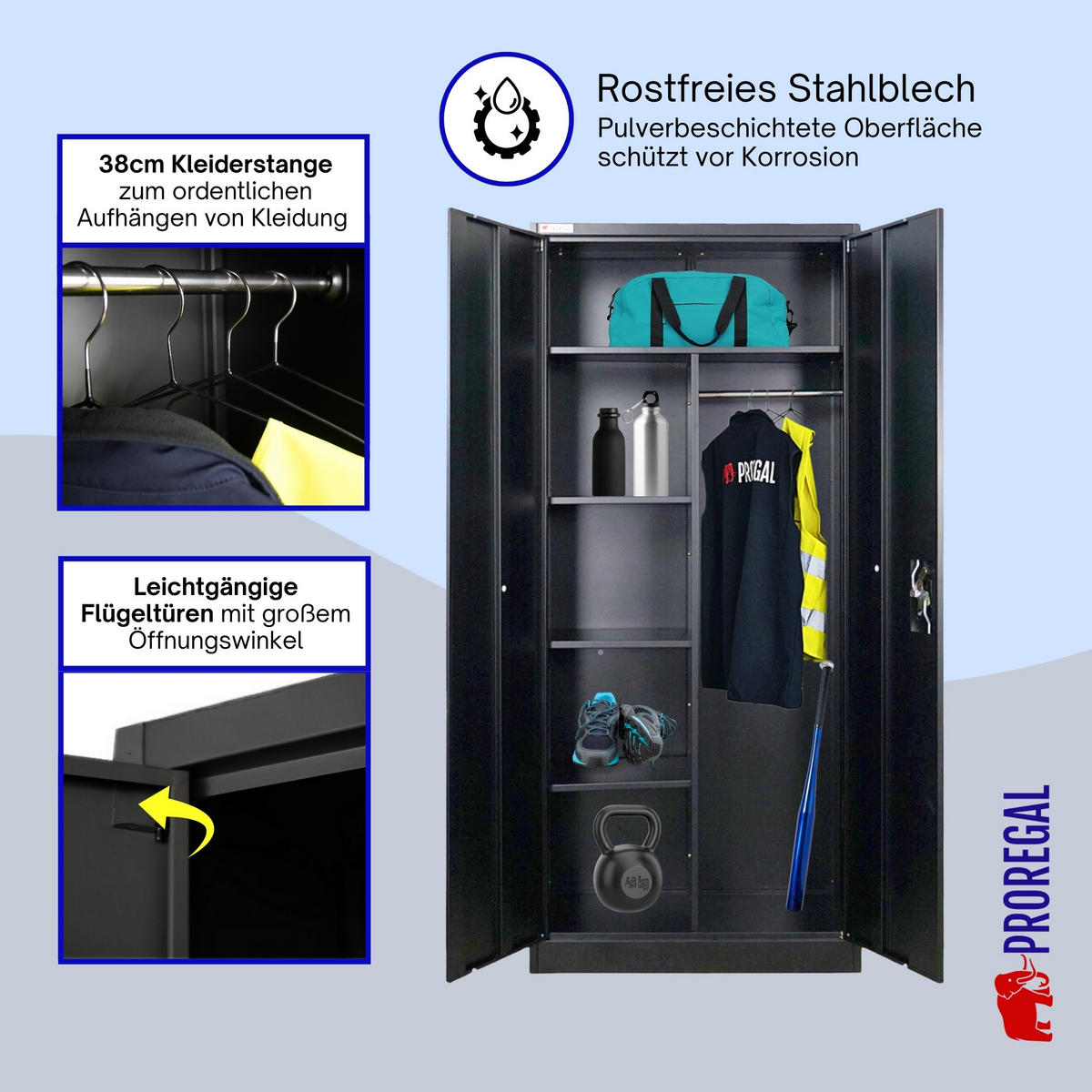 FLÜGELTÜRENSCHRANK Elephant komplett montiert 180x80x40cm 6 Fächern & Kleiderstange Schwarz - Schwarz, Metall (80/180/40cm) - PROREGAL