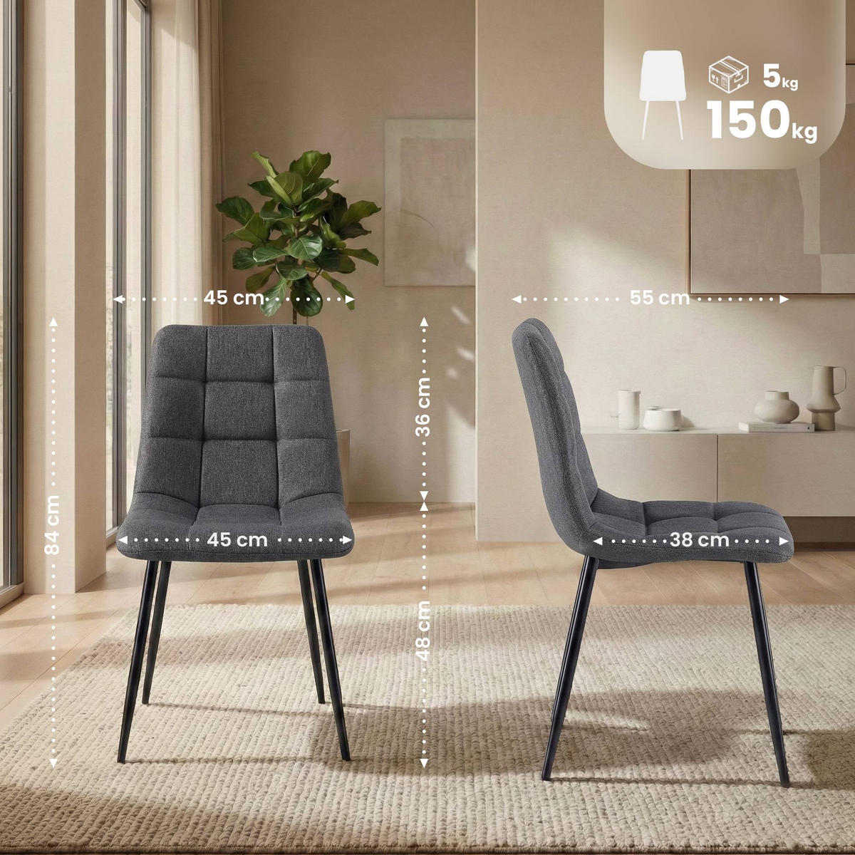 STUHL 4er Set Stoff Dunkelgrau - Dunkelgrau/Schwarz, Textil/Metall (45/84/55cm) - CLP