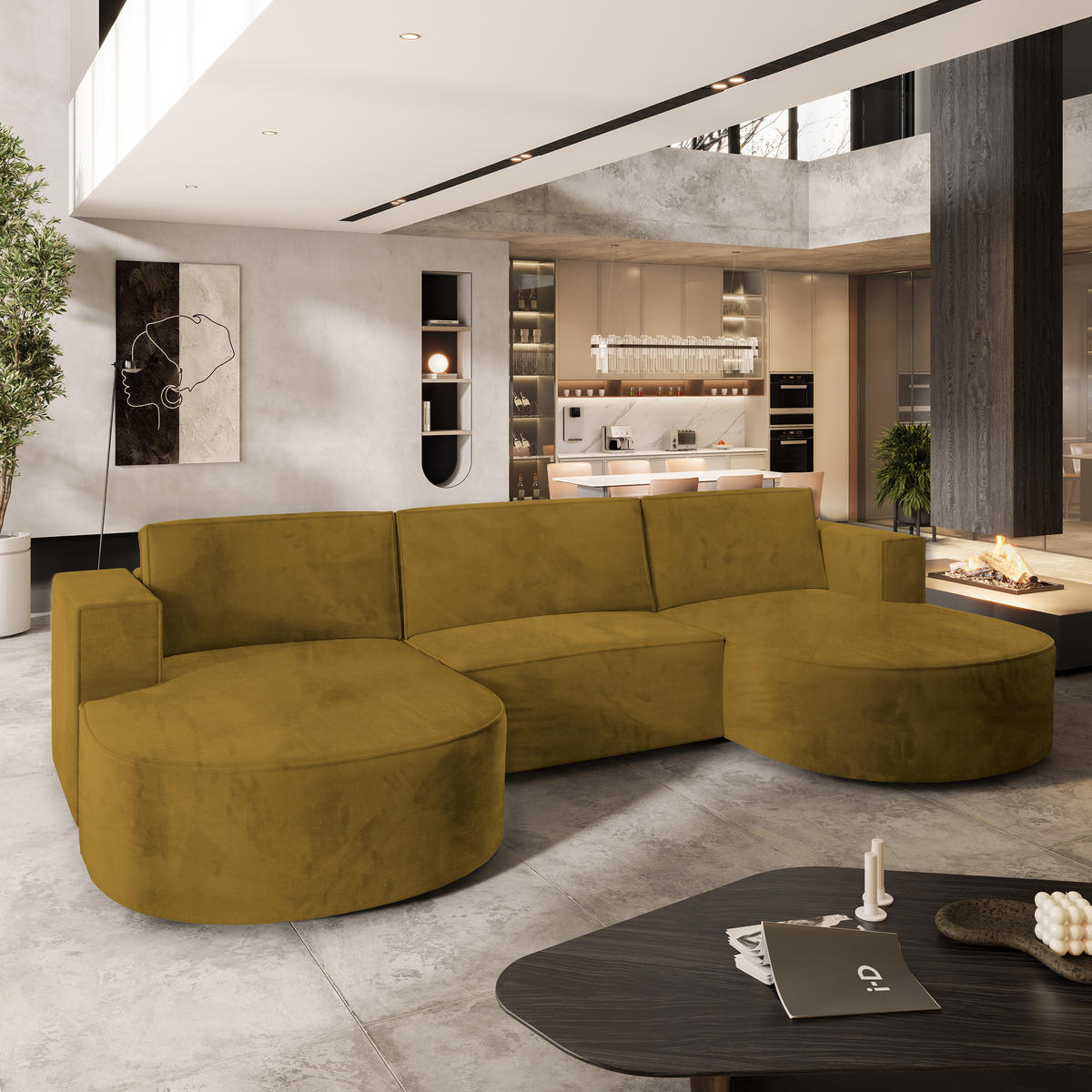WOHNLANDSCHAFT VEZZO M Gelb Velours-Stoff mit Schlaffunktion - Gelb, Holz (347/85/174cm) - MASSENO