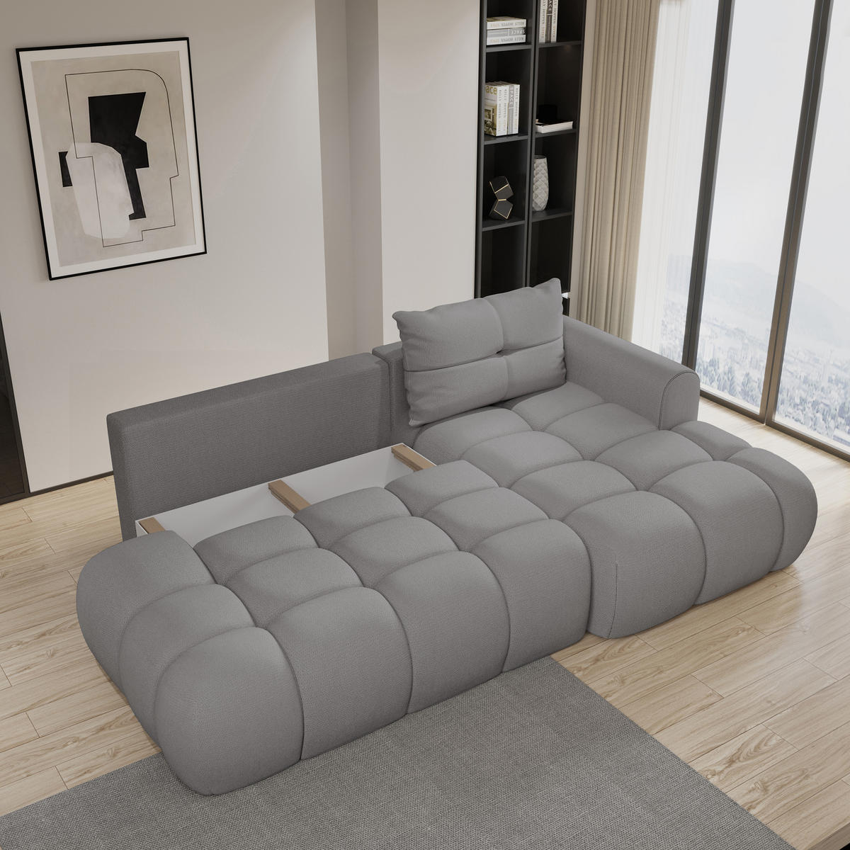 ECKSOFA FLUMA R-S Beige Geflochtener Stoff mit Schlaffunktion - Beige, Holz (274/165cm) - MASSENO