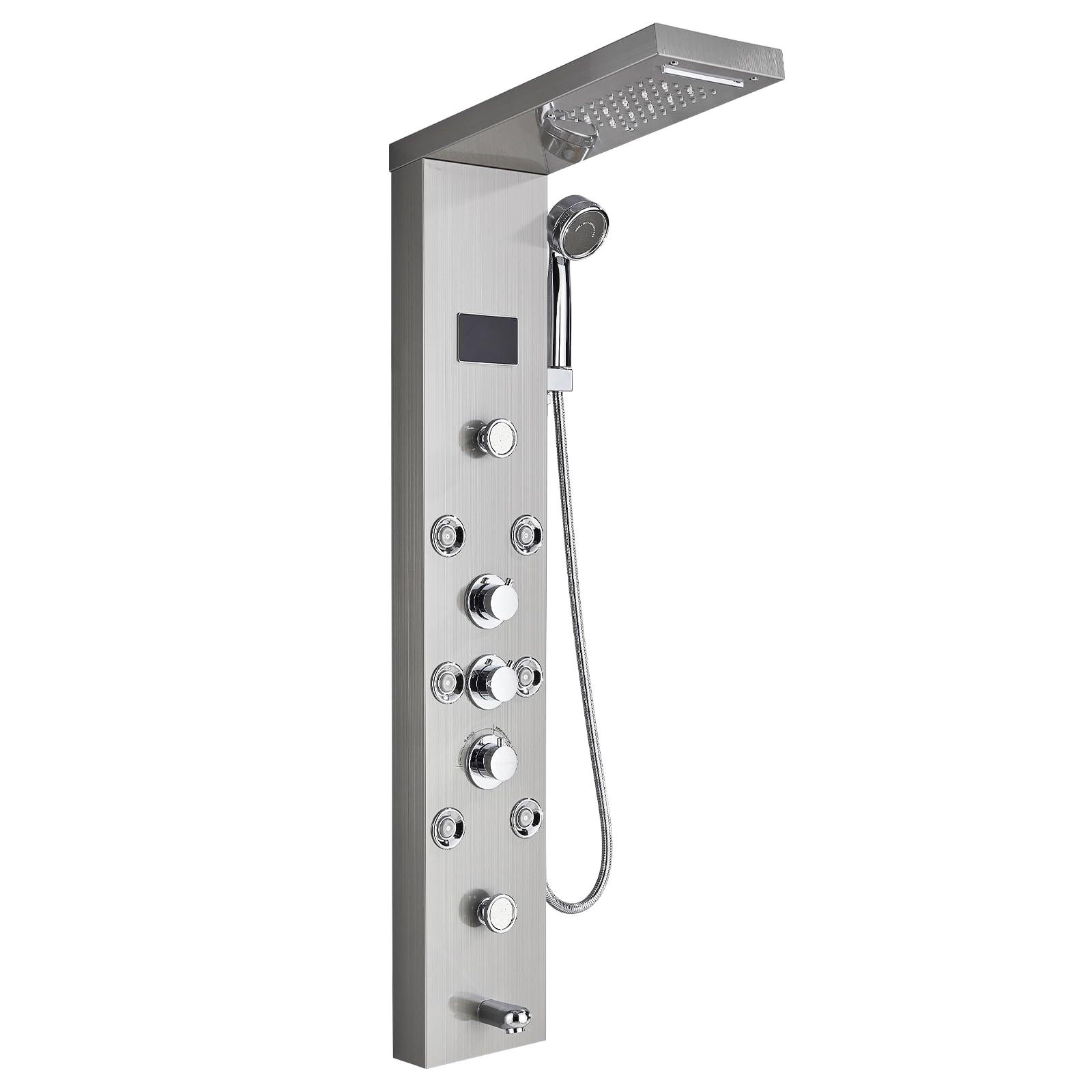 ÜBERKOPFBRAUSESET Edelstahl gebürstet Hydromassage 8 Jets Temperaturanzeige - Silberfarben, Metall (20/122/46cm) - Kaket