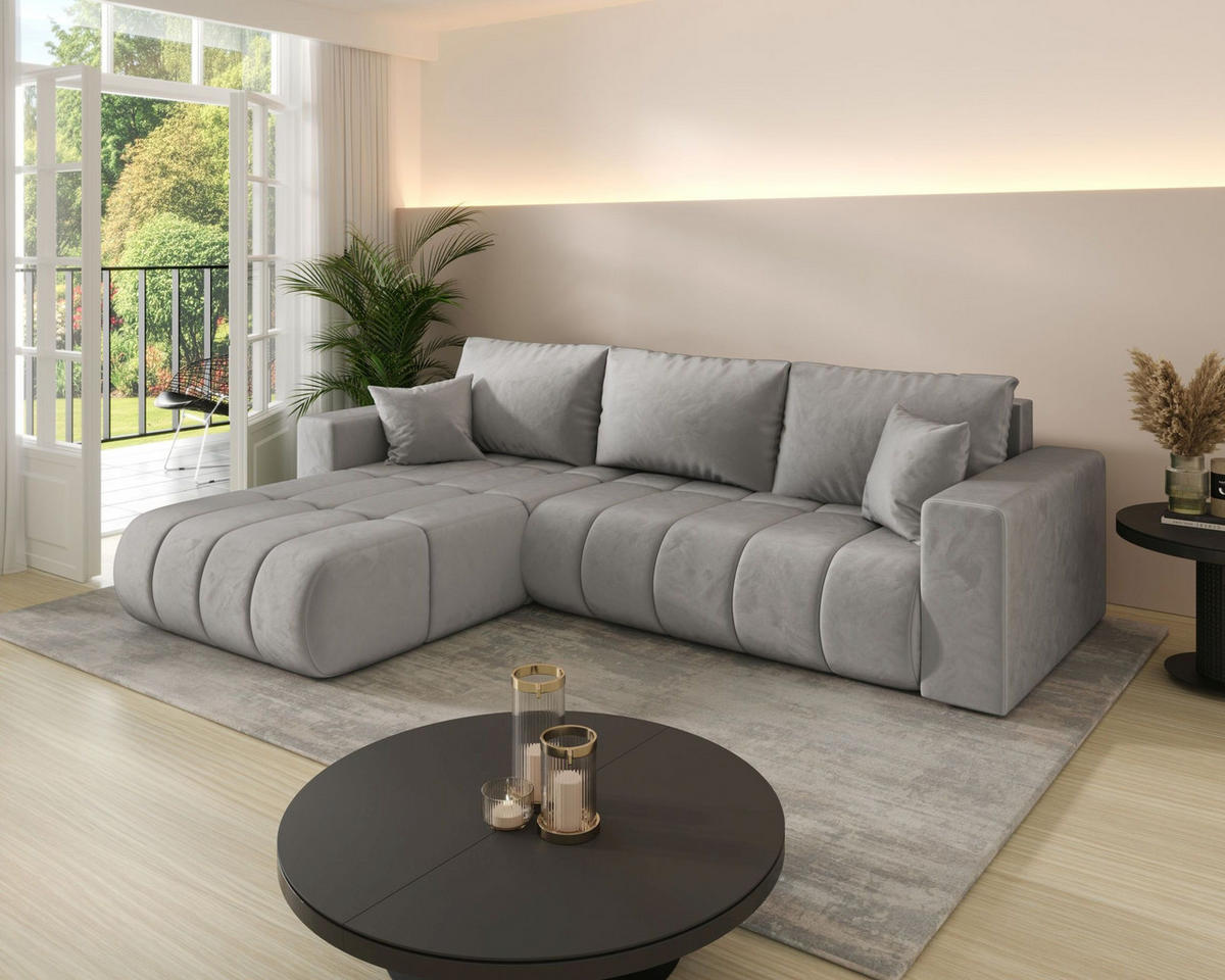 ECKSOFA LARA PREMIUM links hellgrau Velours Monolith 84 - Schlaffunktion, Bettkasten - Hellgrau, Textil (280/175cm) - Cornero