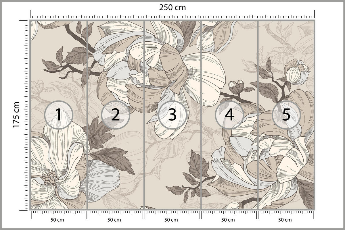 FOTOTAPETE für Wohnzimmer Natur Große Blüten Blätter Pflanzen 250x175 - Beige/Creme, Papier (250/175cm) - Muralo