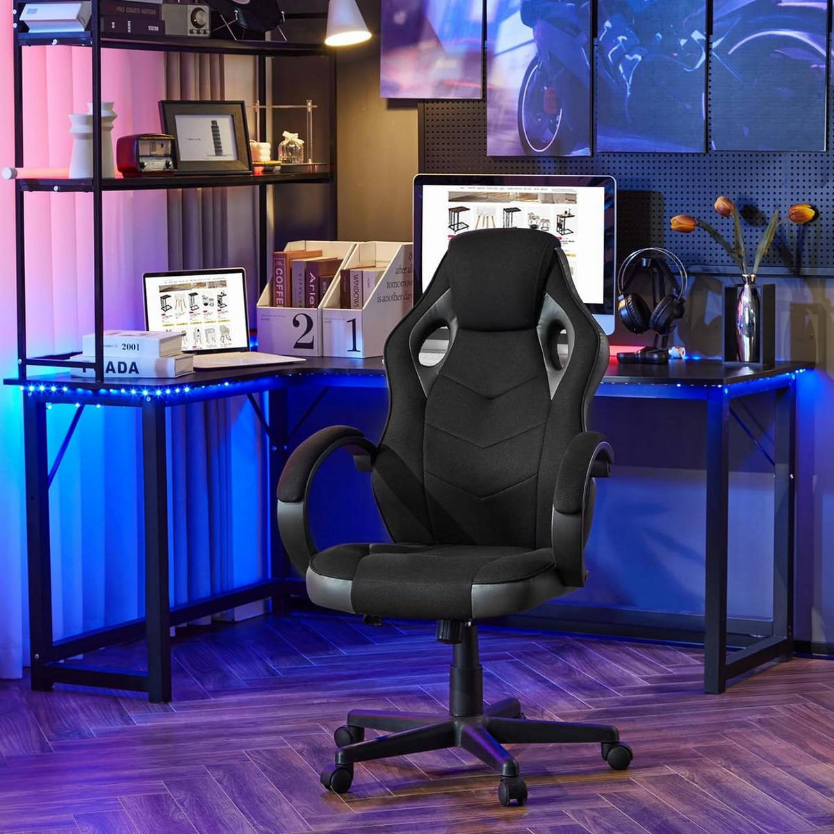 GAMINGSTUHL mit Kopfkissen, Mesh-Gewebe, Grau + Schwarz - Schwarz/Grau, Textil/Metall (62/104/72.5cm) - Woltu