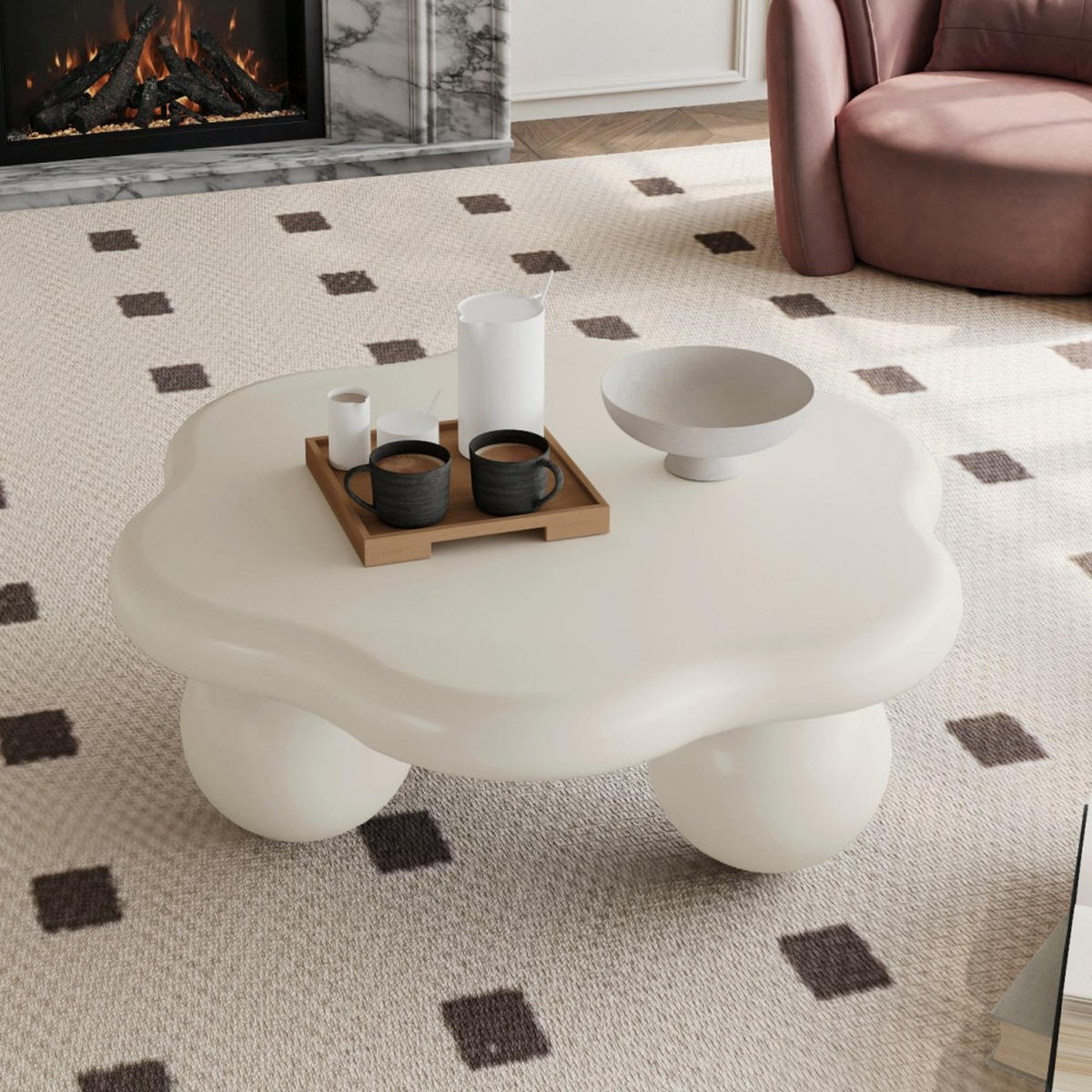 COUCHTISCH wolkenförmig 80 cm mit Kugelfüßen, moderner Beistelltisch in Creme-Weiß für kleine Wohnungen - Weiß, Holzwerkstoff (79/79/31cm)