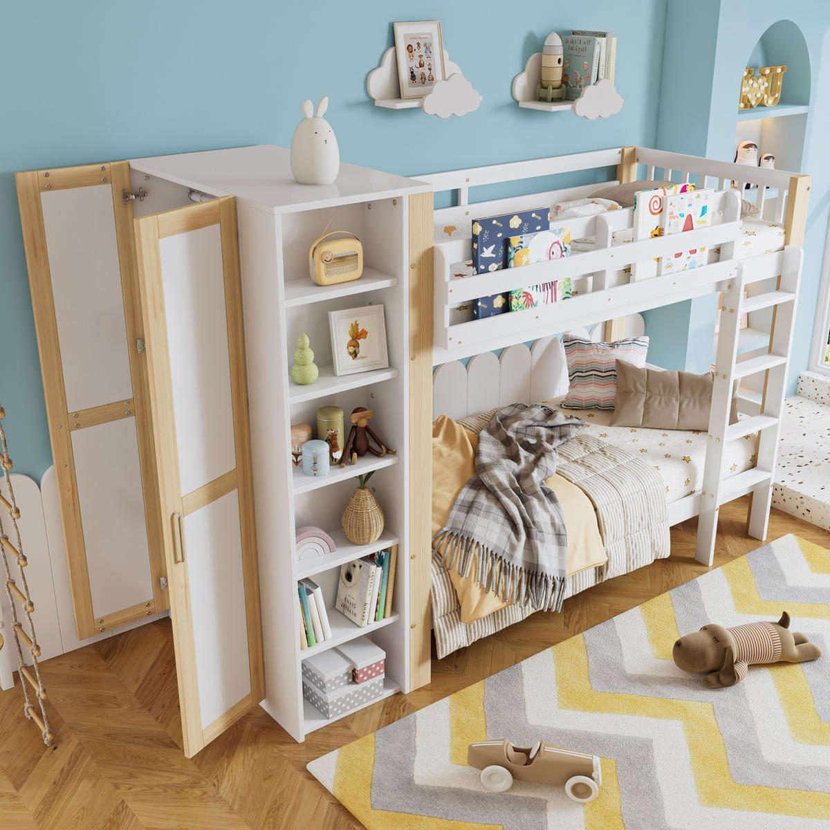 ETAGENBETT aus Kiefer und MDF 90x200 cm Weiß/Natur mit Kleiderschrank, 6 offenen Regalen und 4-stufiger Leiter - Weiß, Holzwerkstoff (90/200cm) - Modfu