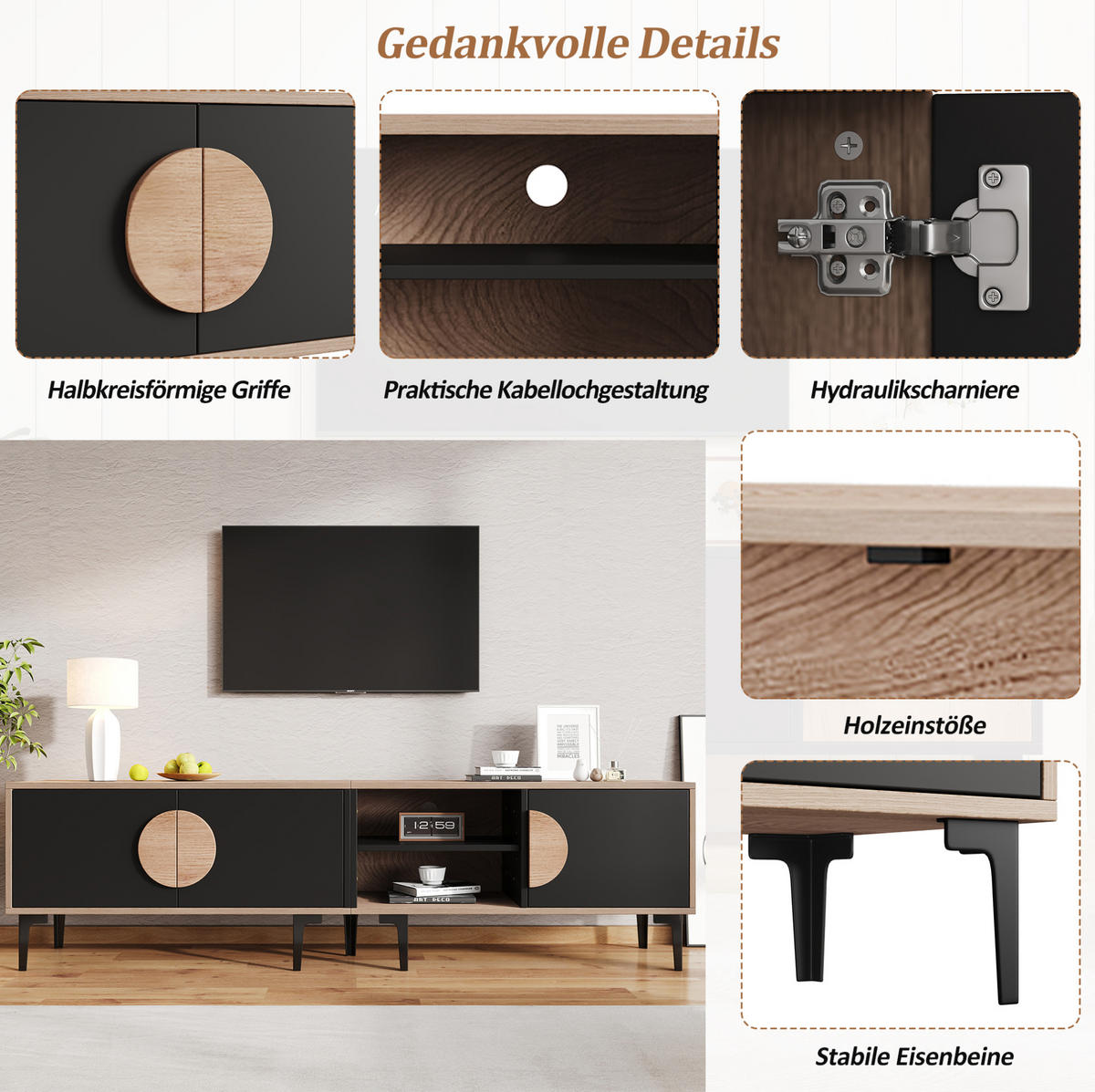 TV-LOWBOARD 180/35/49 cm mit 3 Türen und offenen Fächern - Schwarz, Holzwerkstoff (180/49/35cm) - BEAOK