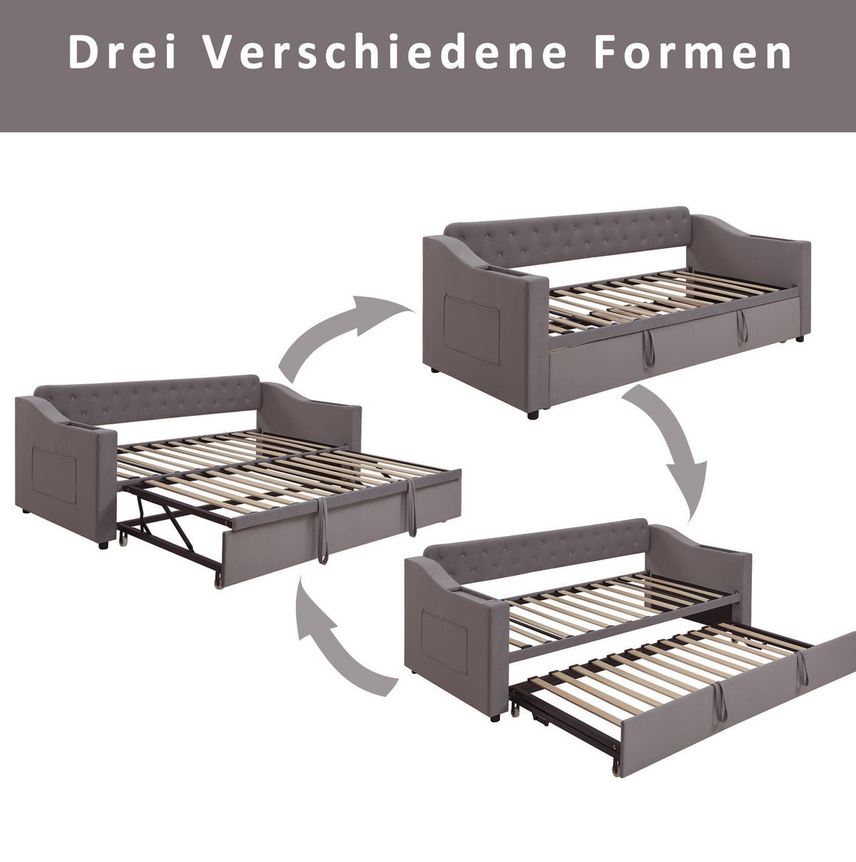 POLSTERBETT 90/180x190 cm aus Samt in Dunkelgrau mit USB- und Type-C-Anschlüssen - Dunkelgrau, Textil (90/190cm) - Flora Grace