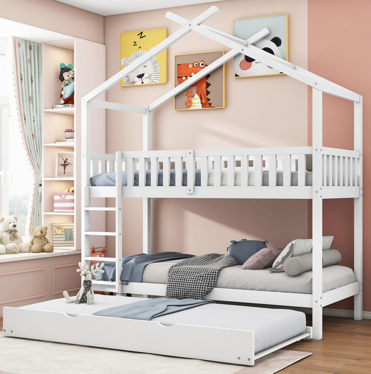 HAUSBETT 90/200 cm in Weiß – aus Kiefernholz mit Rollbett - Weiß, Holz (90/200cm) - BEAOK