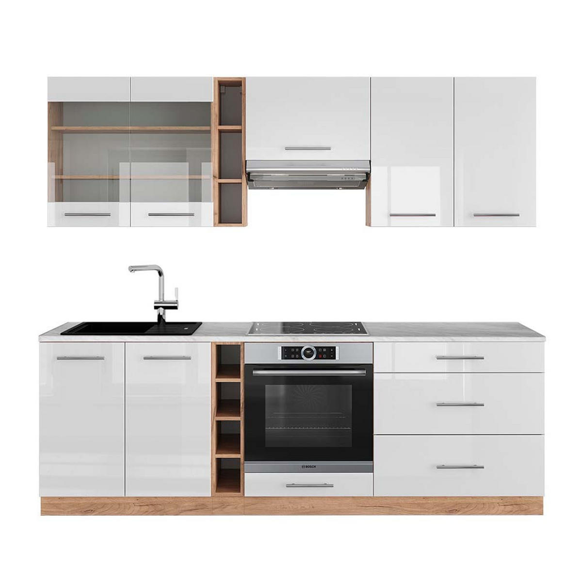 KÜCHENZEILE Fame-Line Weiß Hochglanz/Goldkraft Eiche 235 cm, AP Marmor - Honigeiche/Weiß Hochglanz, Holzwerkstoff (235/81.6/60cm) - Vicco