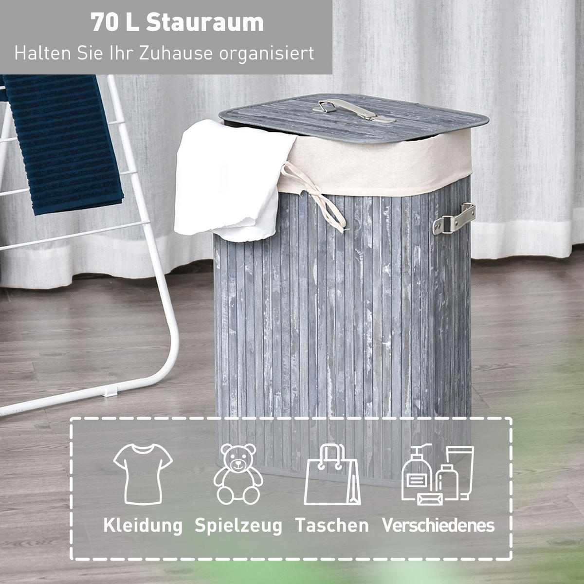 WÄSCHEKORB, Bambus, Grau - Grau, Naturmaterialien (30/60/40cm) - HOMCOM