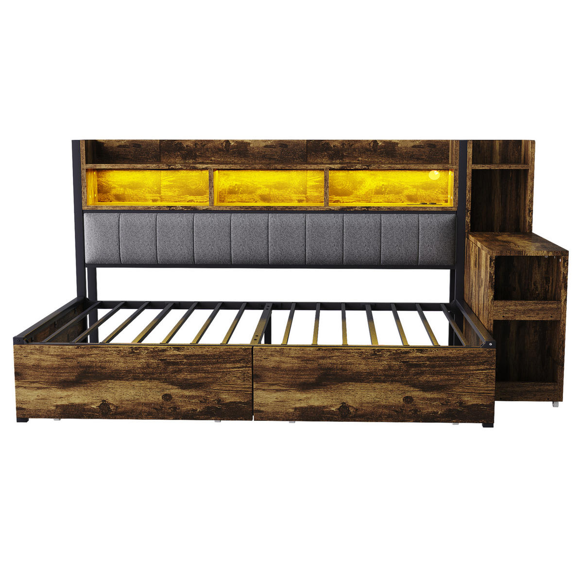 MULTIFUNKTIONSBETT aus Metall und Holz 90x200 cm Naturholzfarben mit Schreibtisch, Steckdosen, LED und Stauraum - Naturfarben, Metall (90/200cm) - Modfu