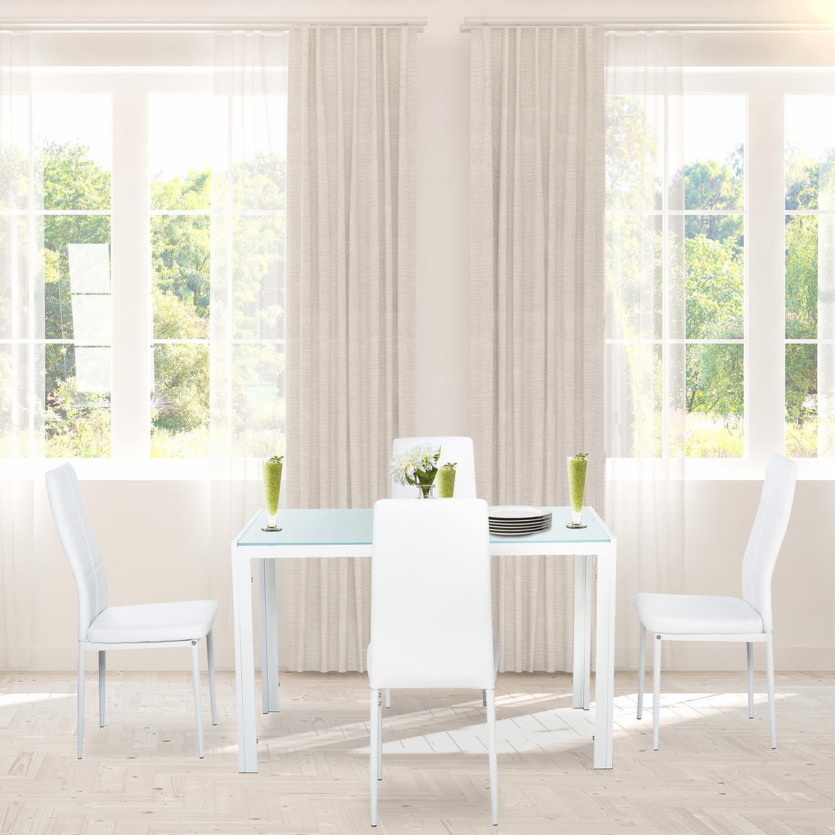 ESSZIMMER-SET, gehärtetes Glas 5-teilig, weiß - Weiß, Metall (70/75/120cm) - Vallsero