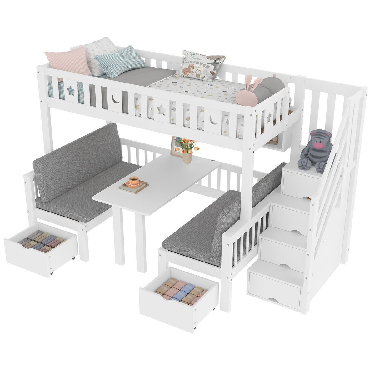 HOCHBETT aus Kiefernholz 90x200 cm in Weiß mit Schreibtisch & Stauraumleiter - Weiß, Holz (90/200cm) - Modfu