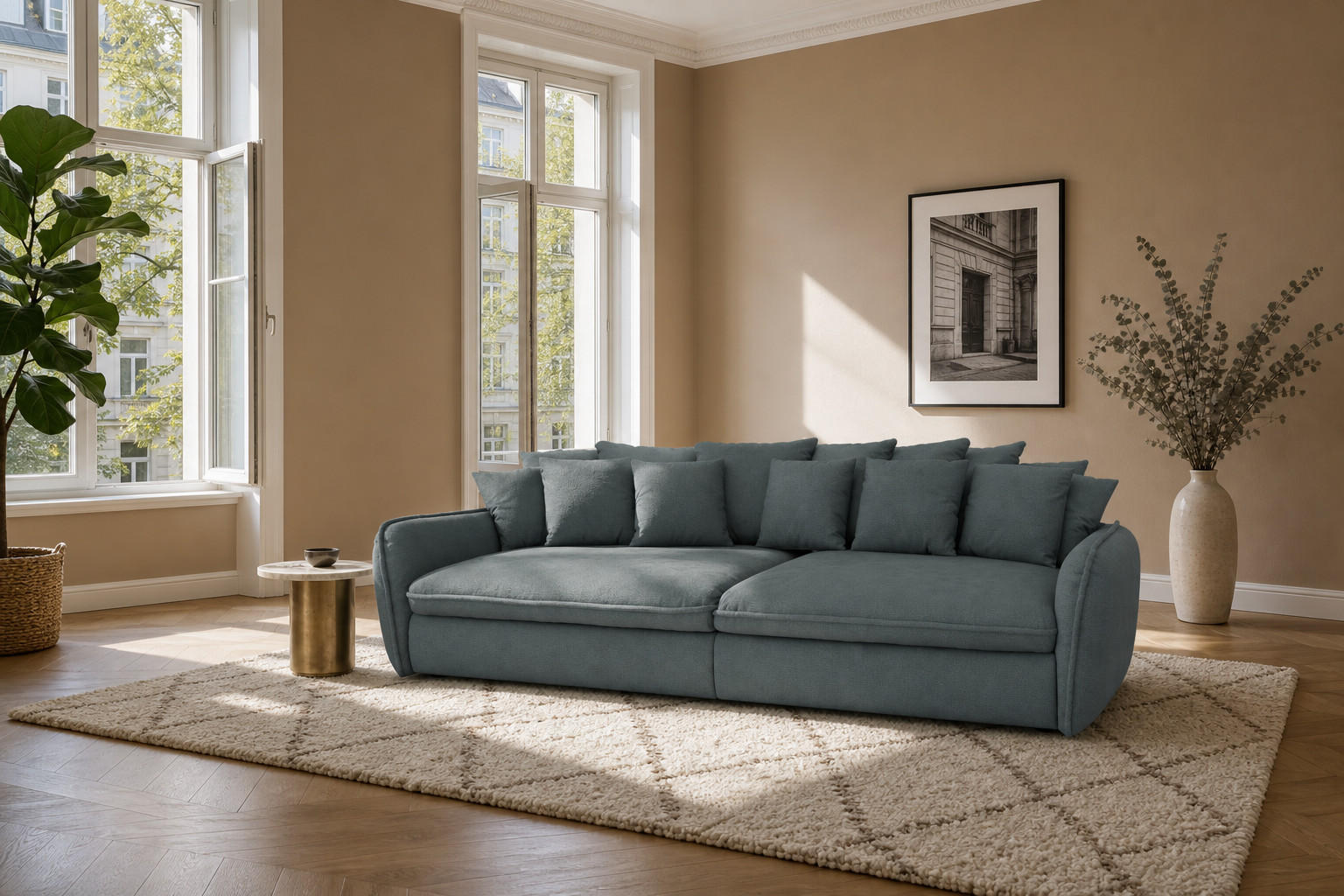 BIGSOFA Hereford XXL Flachgewebe Grau inkl. 12 Kissen 274/131/61 cm - Blaugrau, Kunststoff/Textil (274/61/131cm) - foamnova