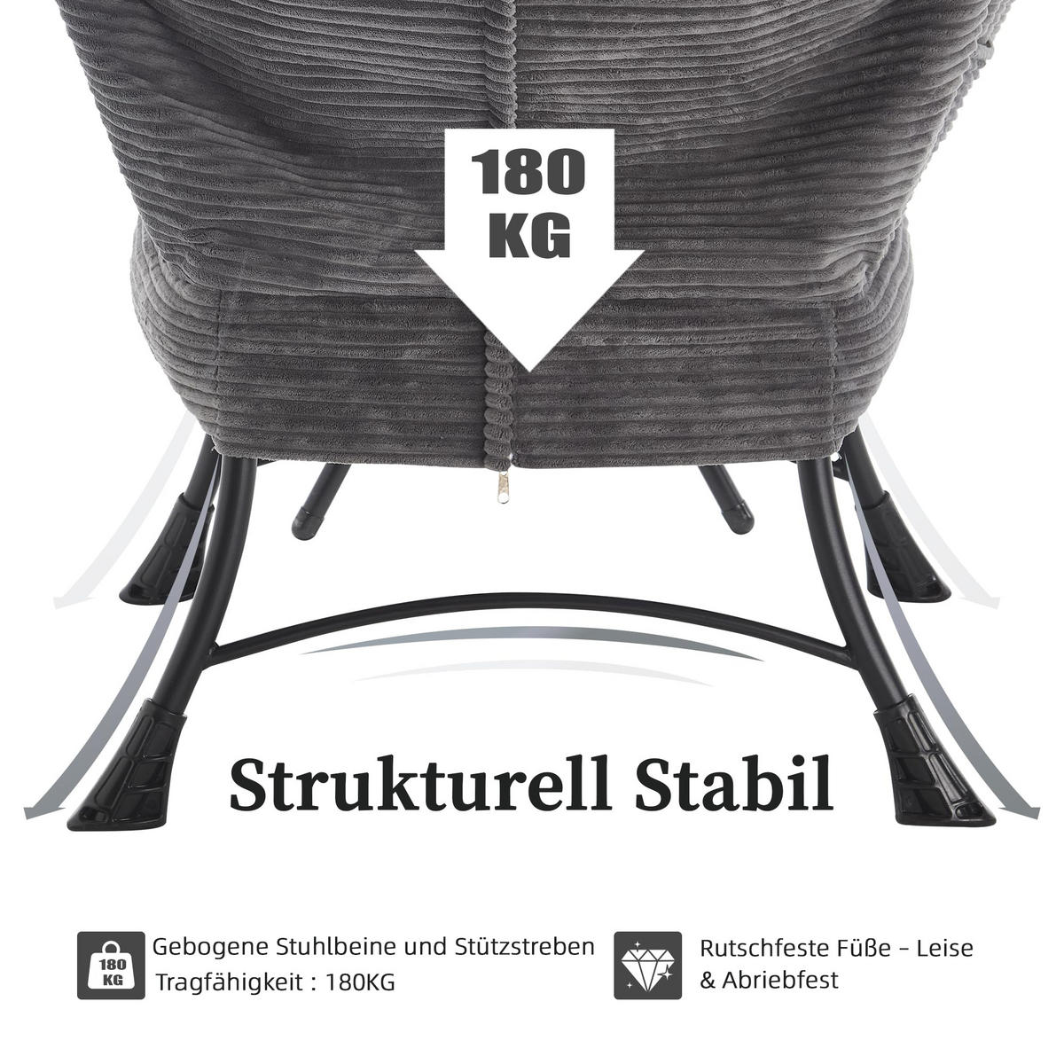 LOUNGESESSEL Relaxsessel mit Hocker,dicke Polsterung,Grau - Grau, Metall (70/95/64cm) - LVHOM
