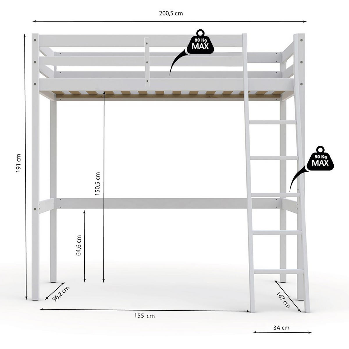 HOCHBETT STUDIO mit Lattenrost/ Hochbett 90x190 - Weiß - Weiß, Holz (90/190cm) - Weber Industries