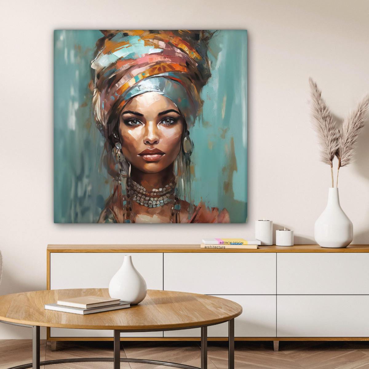 LEINWANDBILD Frau - Kunst - Schmuck - Porträt 90x90 cm - Blaugrau, Textil (90/90cm) - MuchoWow