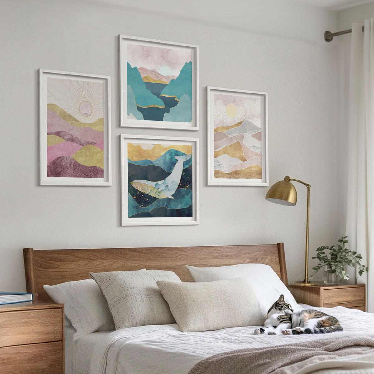 WANDBILDER 4er-Set - 50x50 cm & 40x60 cm Weißer Rahmen - Abstrakte Berge Sonne - Weiß, Kunststoff (50/50cm) - ArtPrintCave