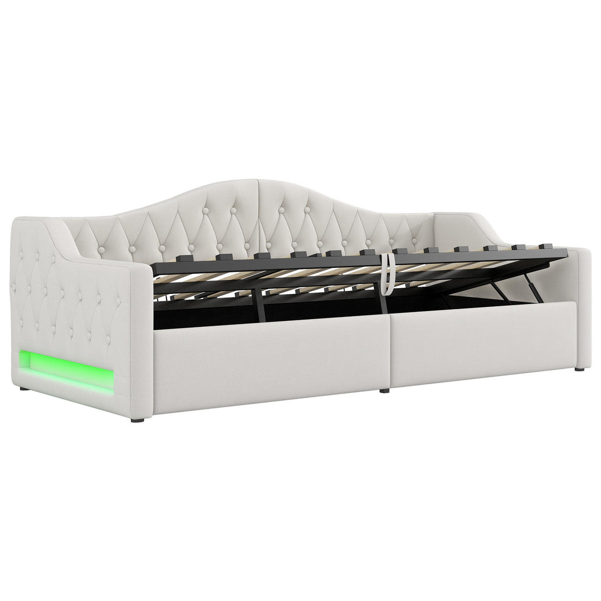POLSTERBETT 90/200 cm Beige mit LED-Beleuchtung und Stauraum aus Leinen - Beige, Holzwerkstoff (90/200cm) - OKWISH