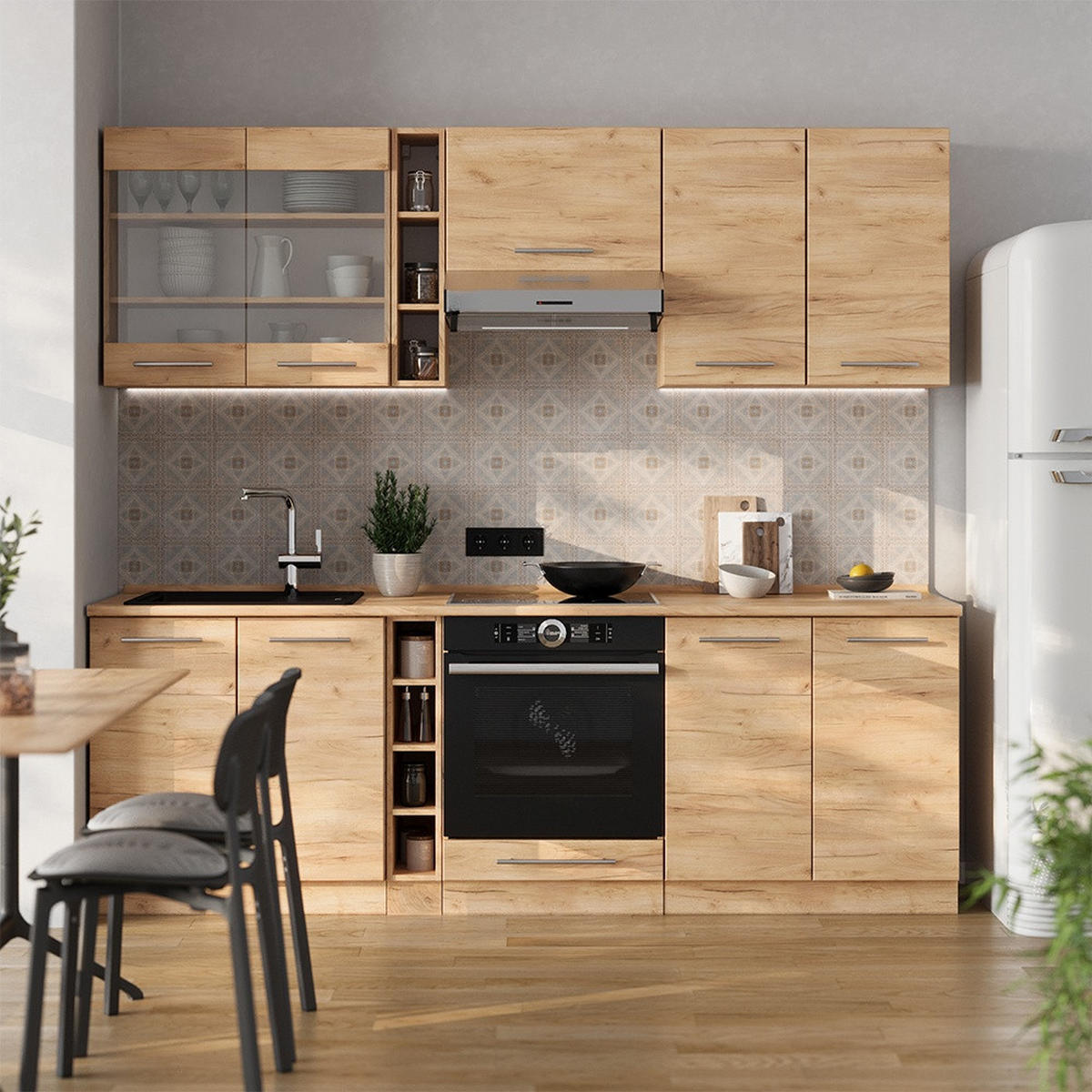 KÜCHENZEILE Fame-Line Goldkraft Eiche 235 cm , AP Anthrazit - Honigeiche, Holzwerkstoff (235/81.6/60cm) - Vicco