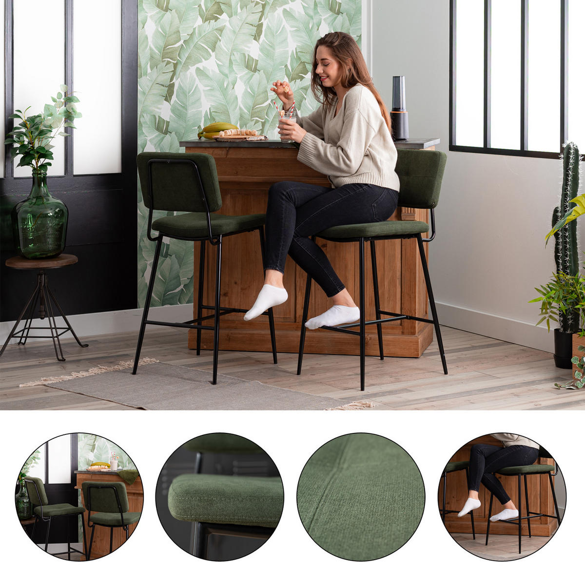 BARHOCKER-SET 4 Stück in Eisen Stoffbezug, Green - Grün, Textil (46/102/52cm) - Meubles Cosy