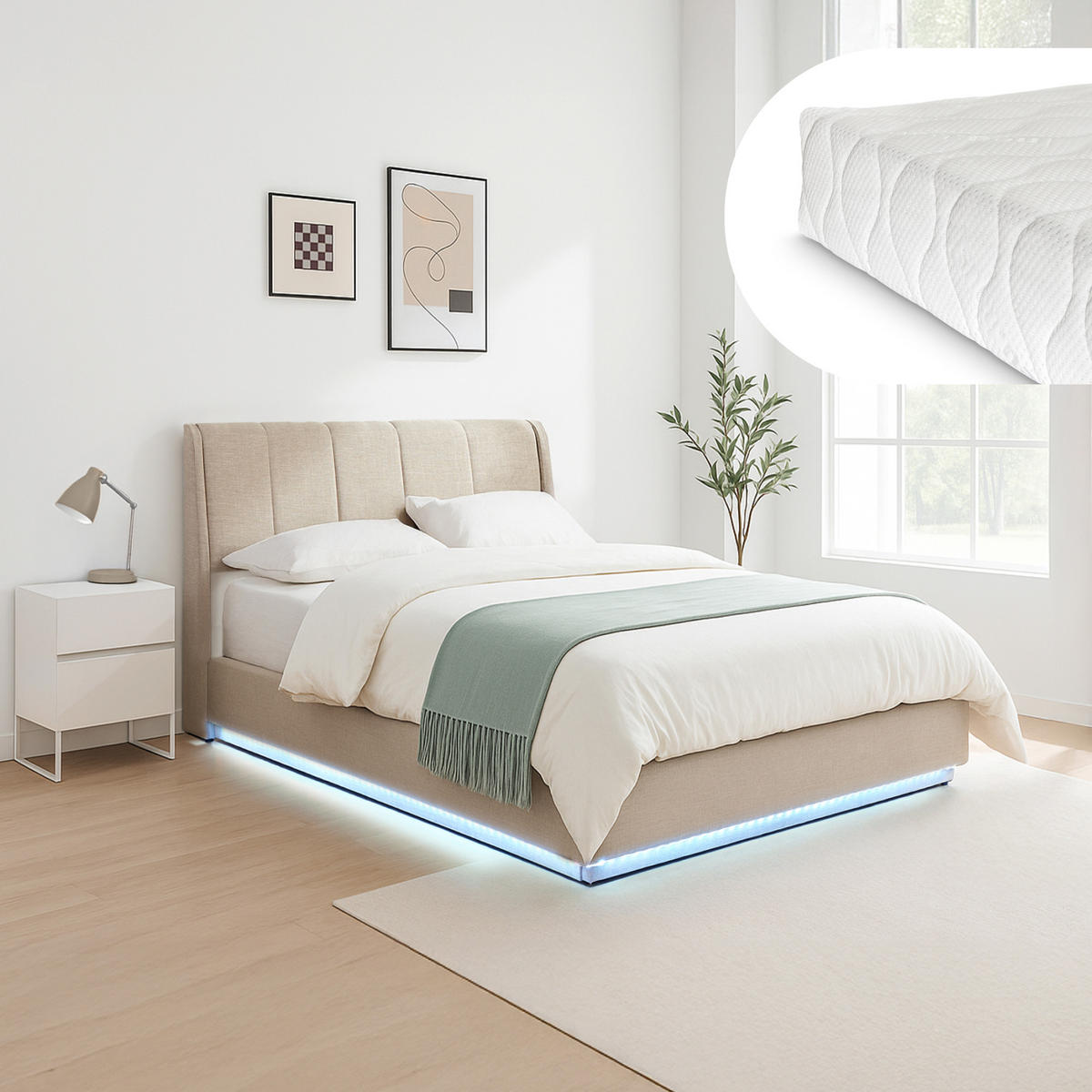 LED POLSTERBETT Tröstiar mit Matratze - Beige, Holzwerkstoff/Kunststoff (140/200cm) - [en.casa]