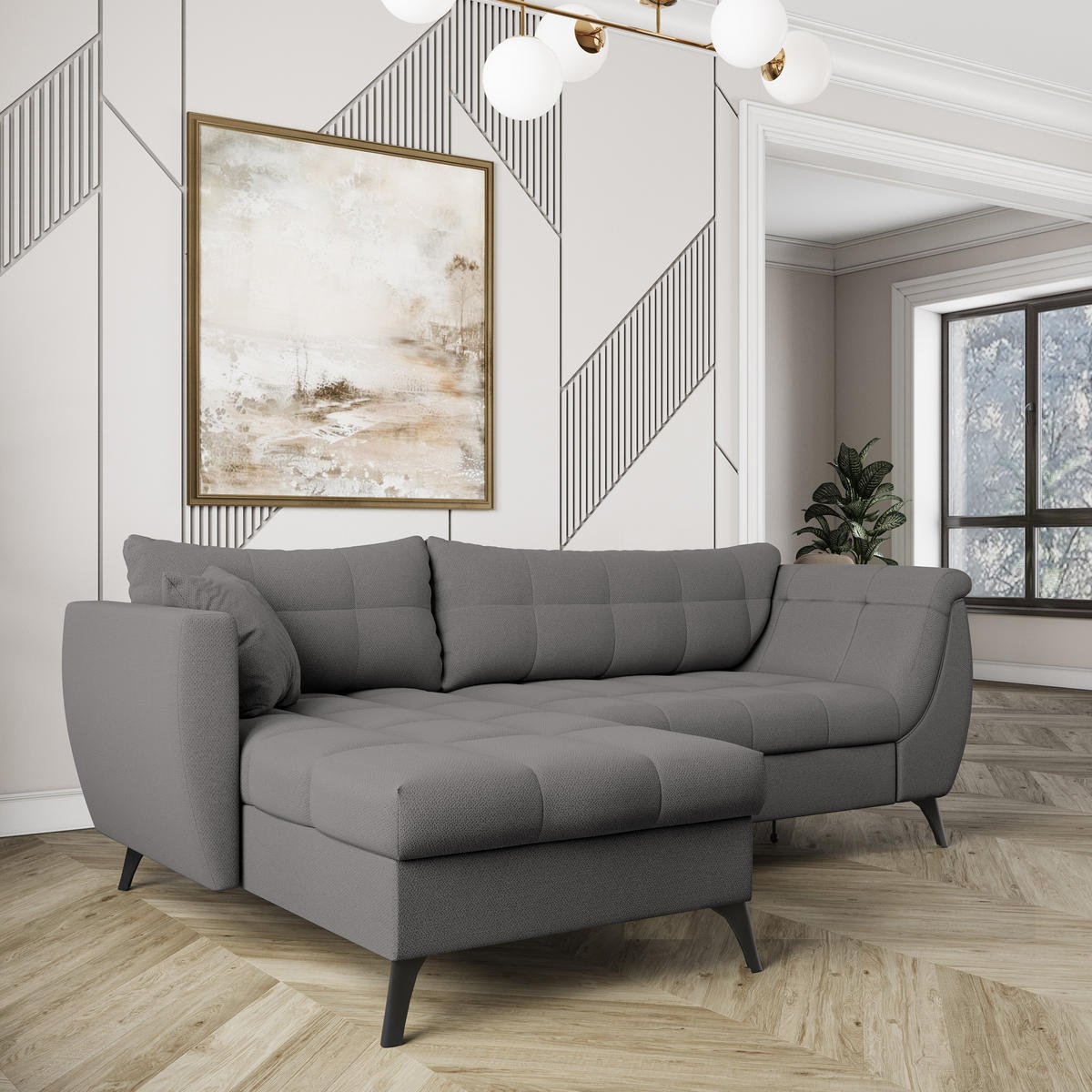 ECKSOFA MOLLIS Grau Geflochtener-Stoff mit Schlaffunktion - Grau, Holz (241/154cm) - MASSENO